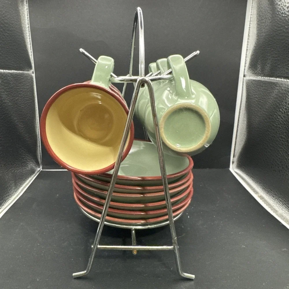 Ceramic expresso Cup & Saucer Set w/ Metal Stand, 12-Piece Service for 6 250ml